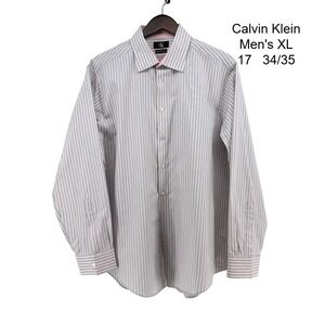 Calvin Klein Mens Slim Fit Non Iron Pinstripe Dress Shirt Grey Pink XL 17 34/35